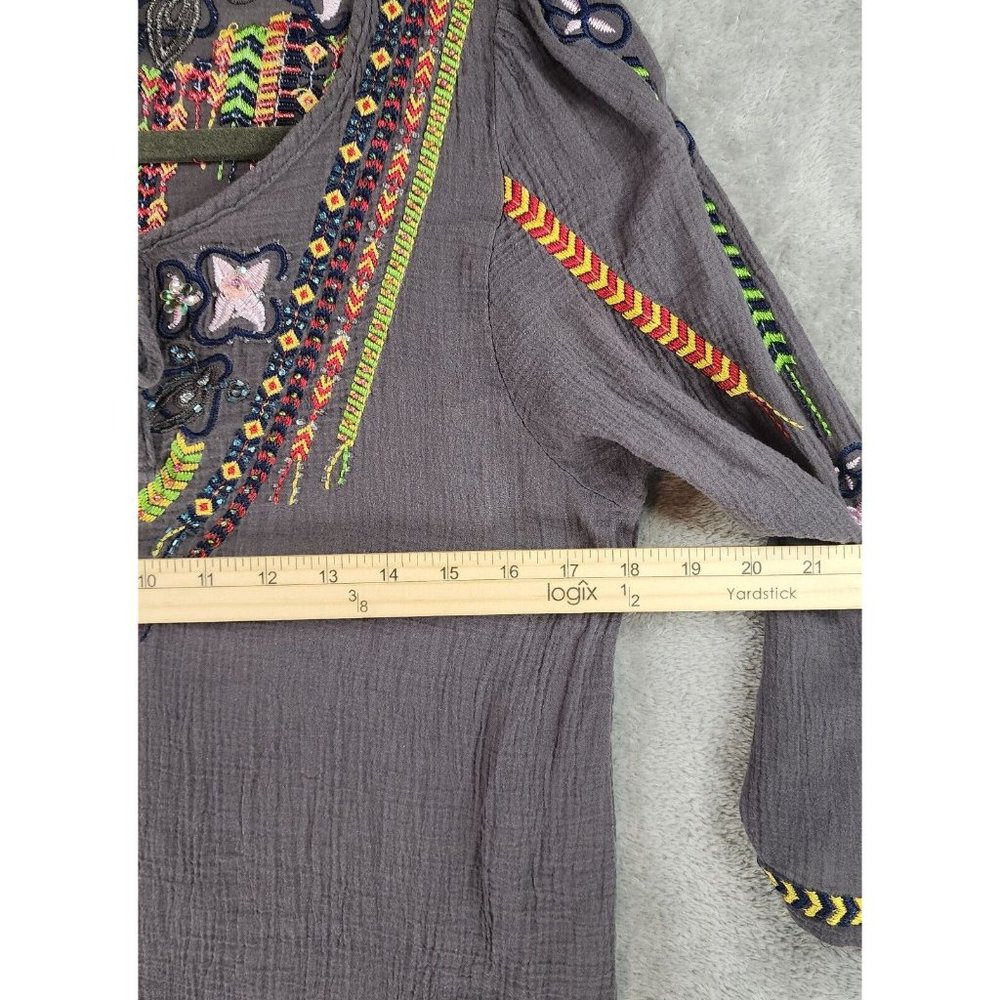 Urban Mangoz Shirt Womens Small Gray Embroidered Beaded Boho Hippie Gypsy Top - Picture 4 of 10